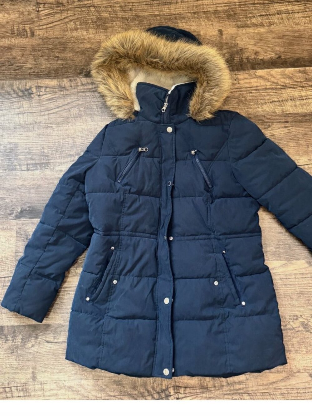 Nautica Women's Navy Blue Puffer Jacket Fur Trim Hood Pockets Cold Ski Large